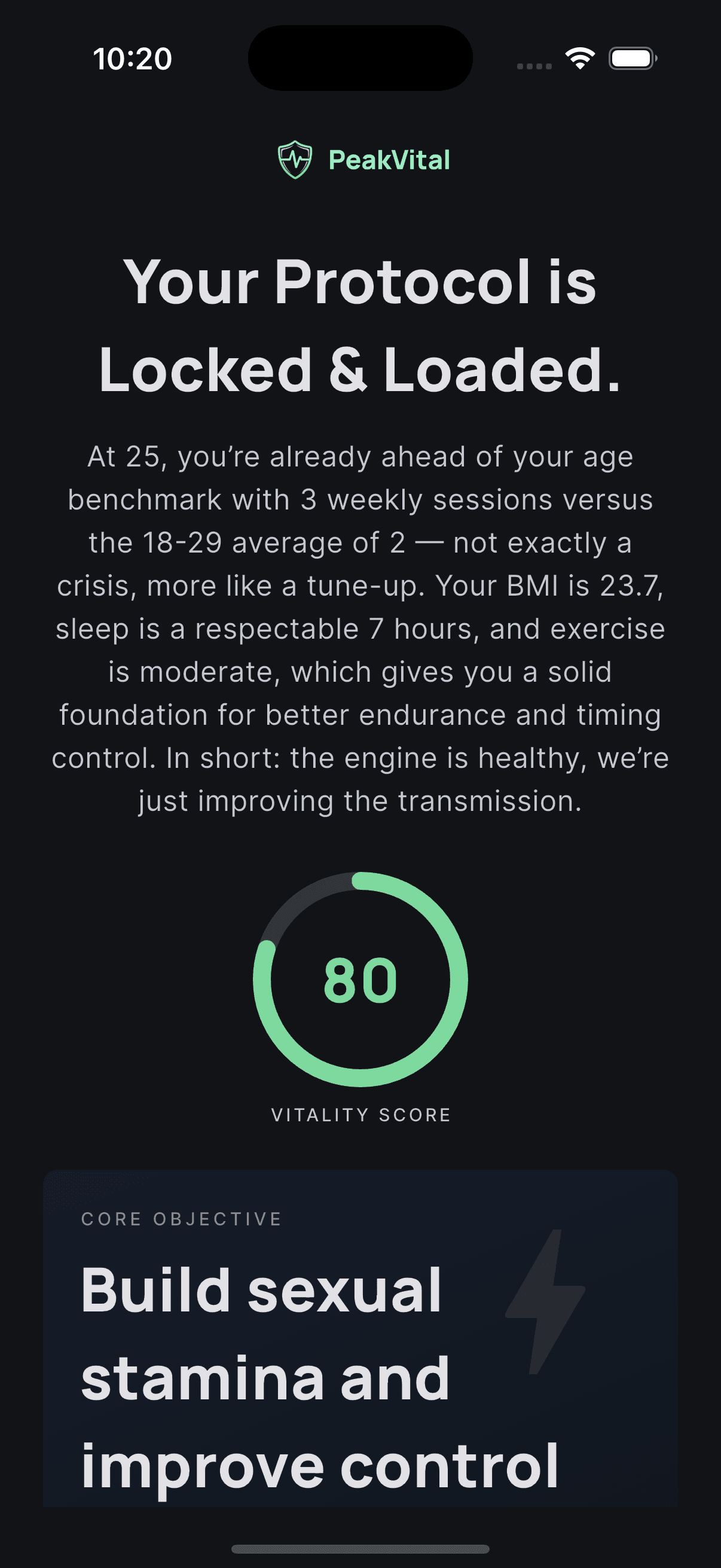 PeakVital dashboard — today's mission, streak, and weekly progress ring